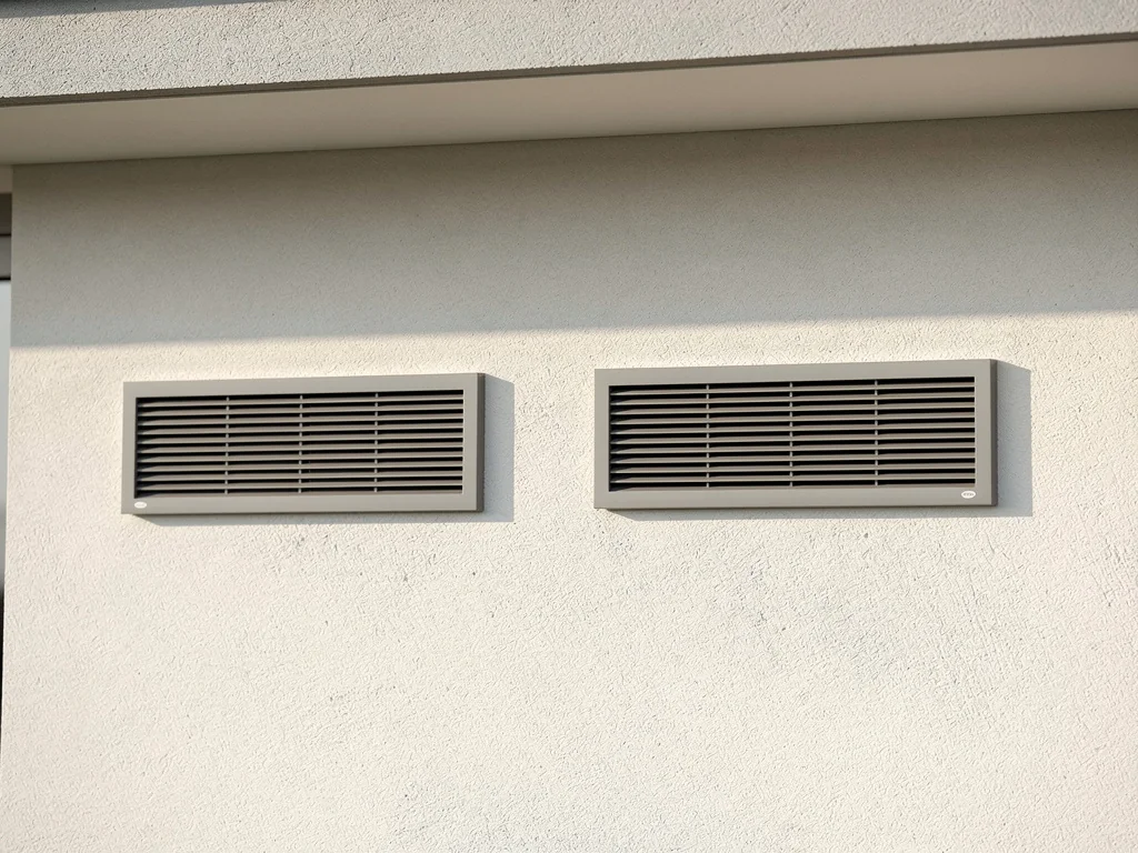 Grilles d'entrée et de sortie d'air d'une pompe à chaleur monobloc sur la façade d'un pavillon