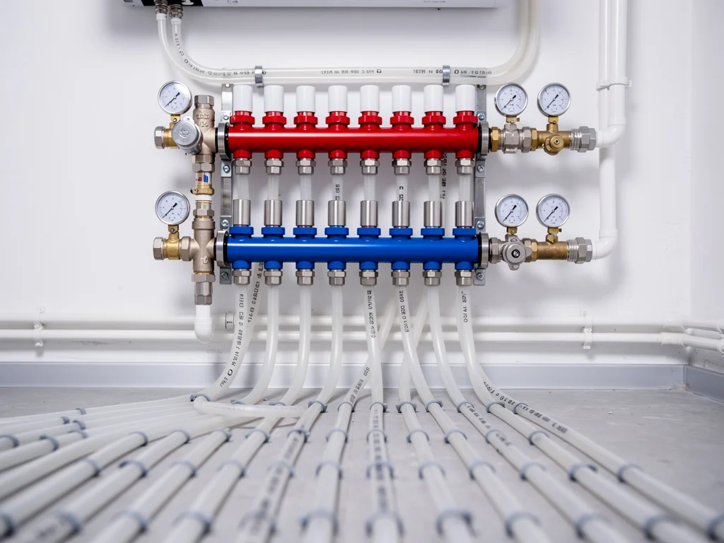Module hydraulique d'un monobloc relié aux départs d'un plancher chauffant